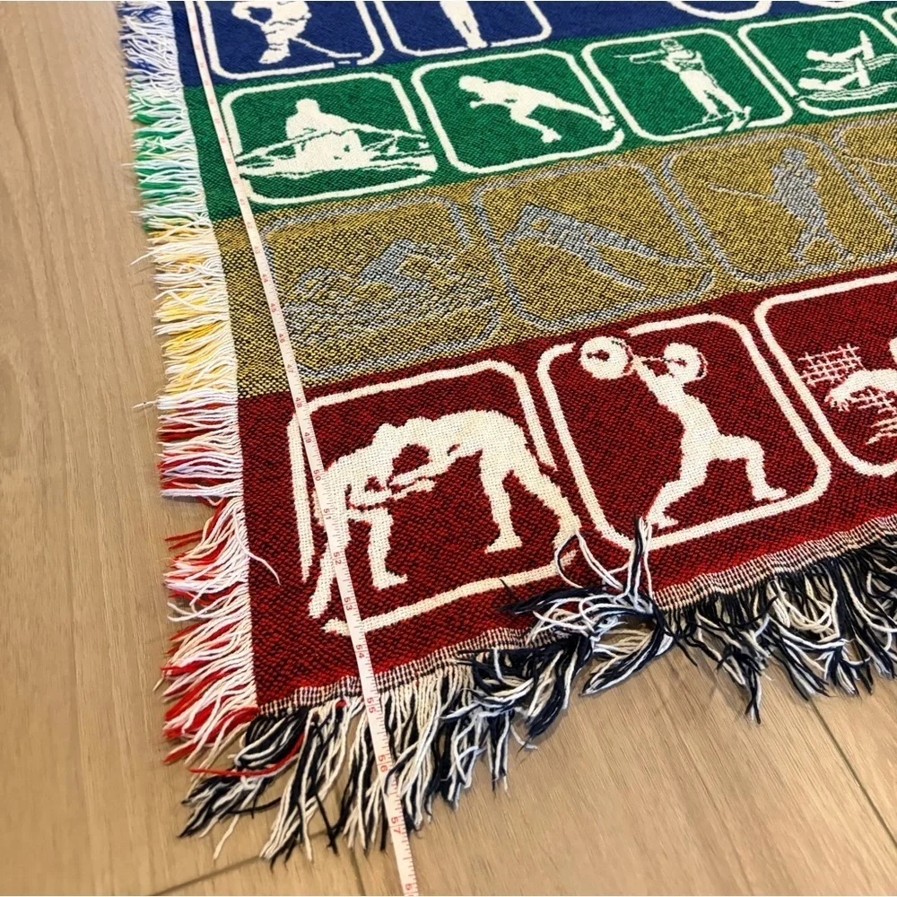 Vintage USA Olympics Knit Woven Multicolor Throw Blanket VERY RARE